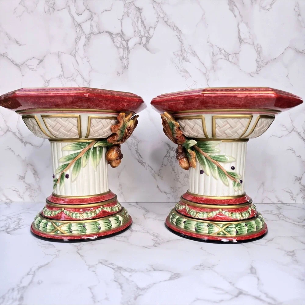 Fitz Floyd Equestrian Octagonal Pillar Candle Holders Pair Acorn Oak Leaf Large